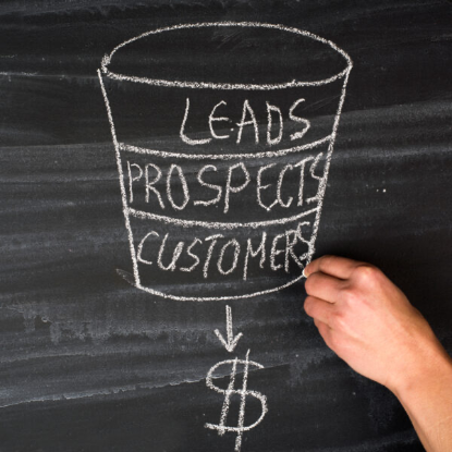 Drawing on chalkboard of leads, prospects, customers funnel